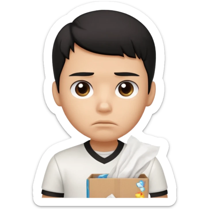 generate a pretty bratz boy with black hair, wearing a white polo shirt. Looking sad, holding a box of tissues sticker