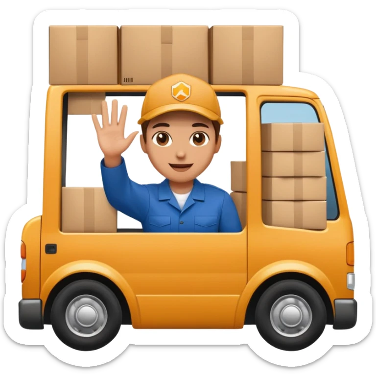 truck with a supplier in work uniform sitting inside, waving hi, lots of packages in the truck sticker