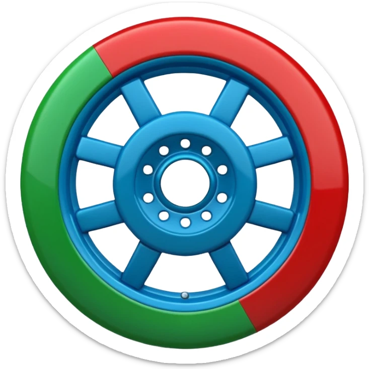 Glossy 3D emoji, blue top, green bottom, large red spoked wheel in center. Geometric symbol, no face. sticker