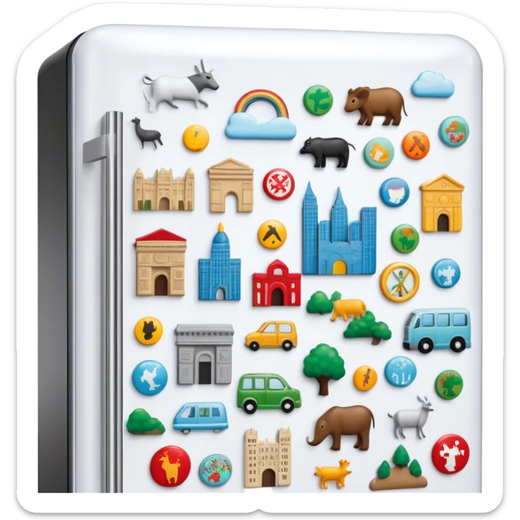 Icon for Magnet Collecting: a close-up of a fridge door covered with a variety of magnets, featuring cities, animals, symbols. The icon should highlight the diversity and charm of magnet collections. Transparent background. sticker