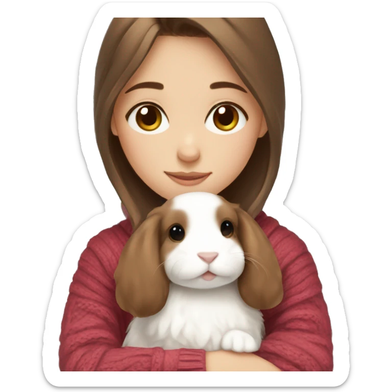 Brown hair girl in a sweater hugging a white mini lop sticker
