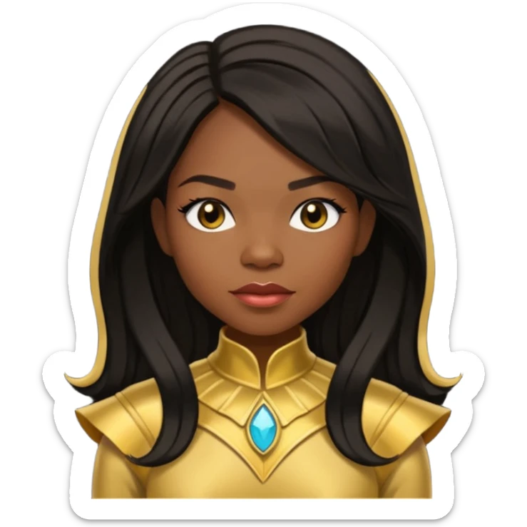 Michelle Williams from Destiny's Child with dark skin ,black long hair, gold outfit sticker