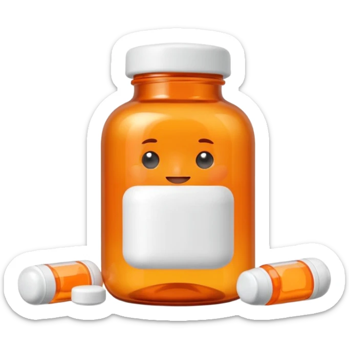 A 3D cartoon medicine bottle with orange transparent body and white cap, filled with pills, soft studio lighting, realistic Memoji-style. sticker