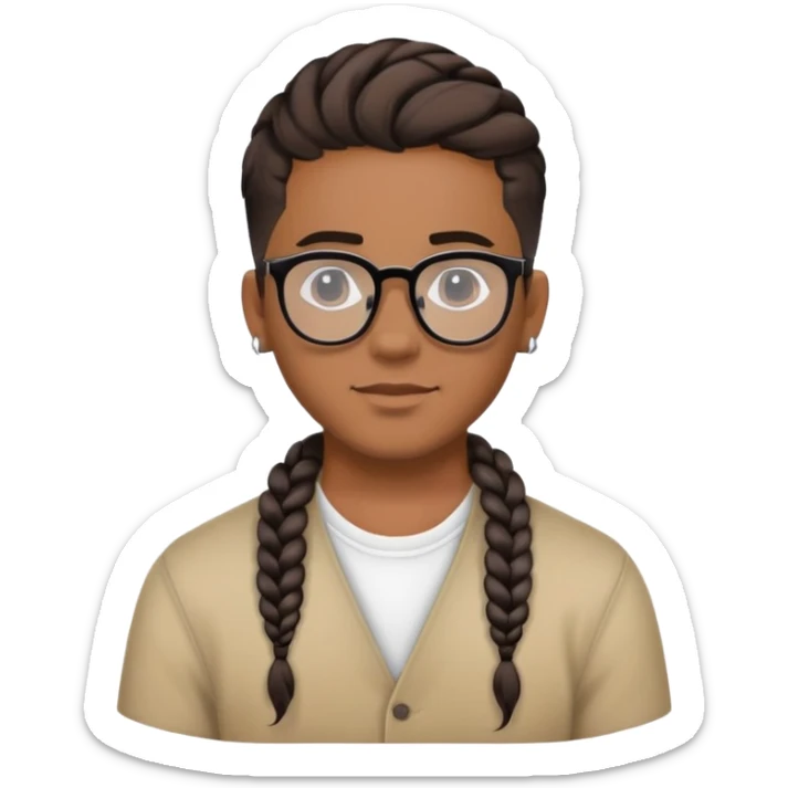 joven moreno con trenza pegada, bluao por los lados, arete y lentes negros, cabeza media redonda sticker