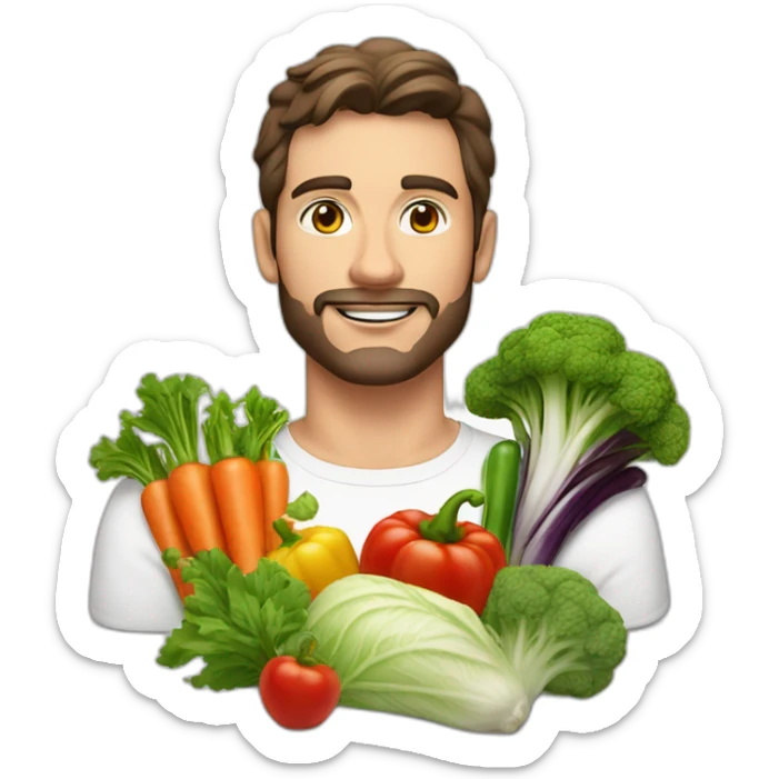 white sking men qith mid brunette hair and a lot of vegetables and a perfum sticker