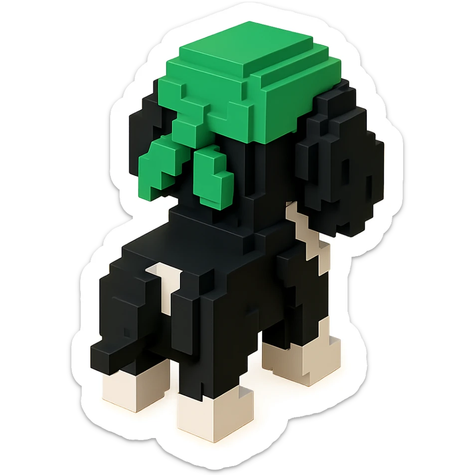 A black and white Russian Cocker Spaniel puppy wearing a green durag, facing backward sticker