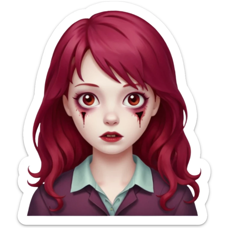 Uma zumbi garota com cabelo vermelho vinho ondulado e grande e franja grande reta sticker