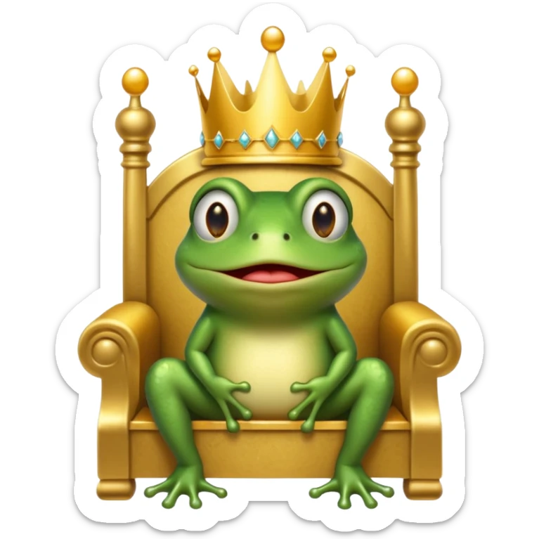 A cry frog wearing a crown, confidently sitting on a golden throne, cry tear from eyes, portrait, bust up sticker