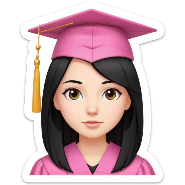 White girl with long straight black tine wearing pink graduation clothes sticker