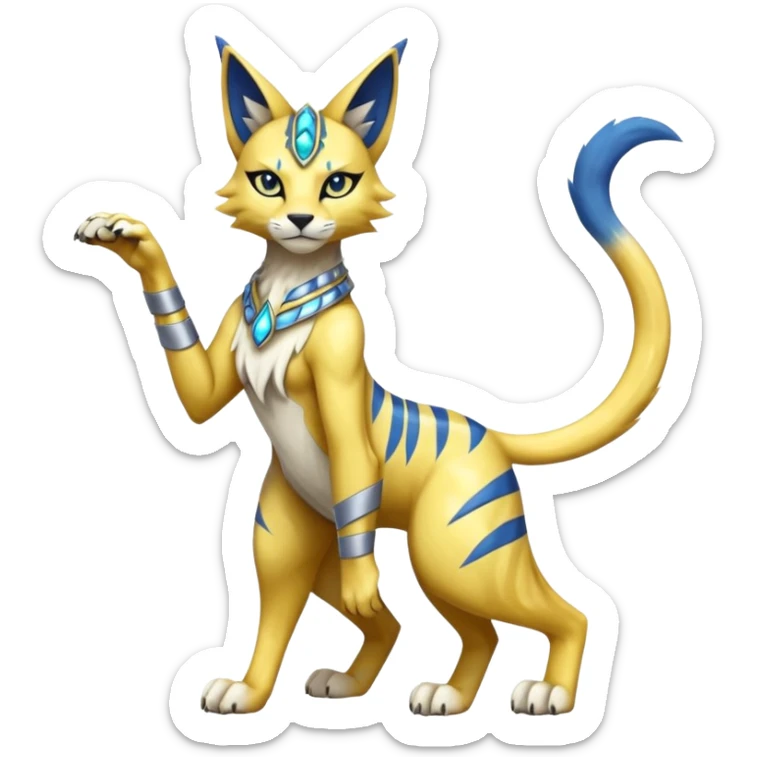 Modern anthropomorphic furry futuristic shiny colorful Bastet-Lombax-Zeraora-Renamon-fusion (full body) sticker