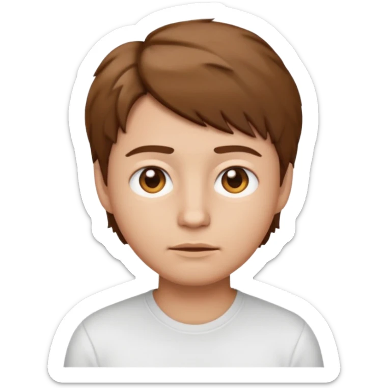 face emoji inspired by a person with short tousled brown hair, neutral expression, light skin, wearing a white shirt sticker