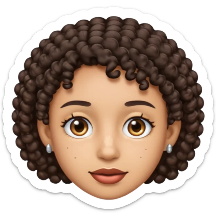 an emoji with a mixed skin color, short dark brown curly hair with 2 silver stud earrings on both ears and 2 slits on each eyebrow sticker