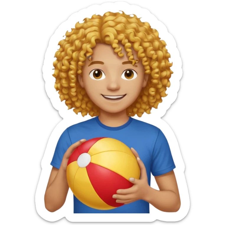 una persona de 18 años marron clarito con el pelo amrillo rizado con una camiseta roja y azul con un logo circular dorado y levantando un balon de playa sticker