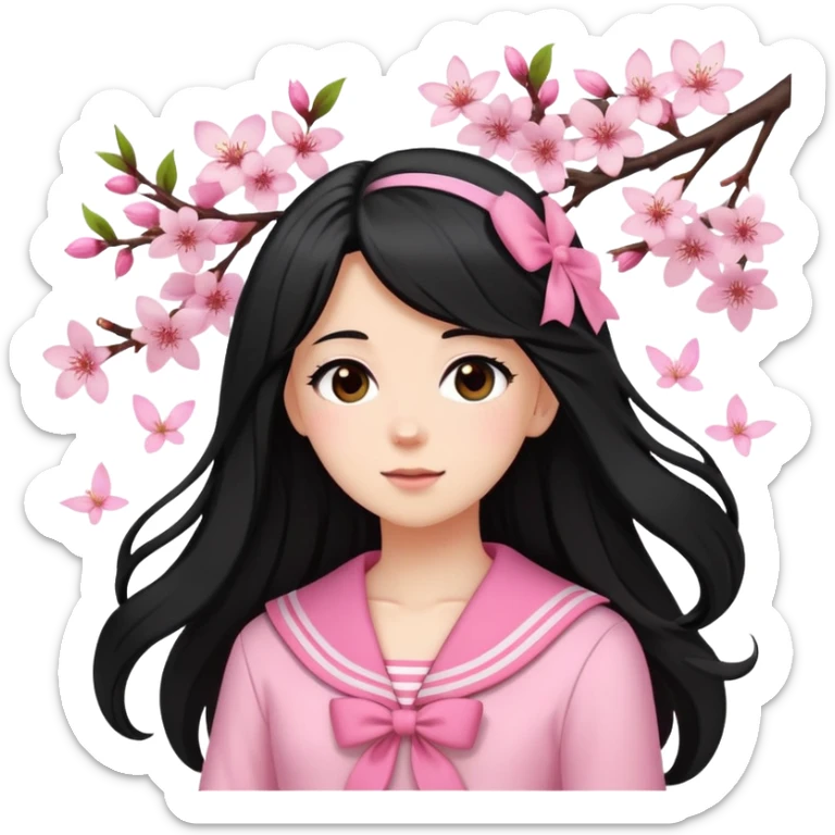  A white girl with a Black long hair, and a Pink sailor suit, enjoying the spring breeze，Wearing cherry blossoms on your hair sticker