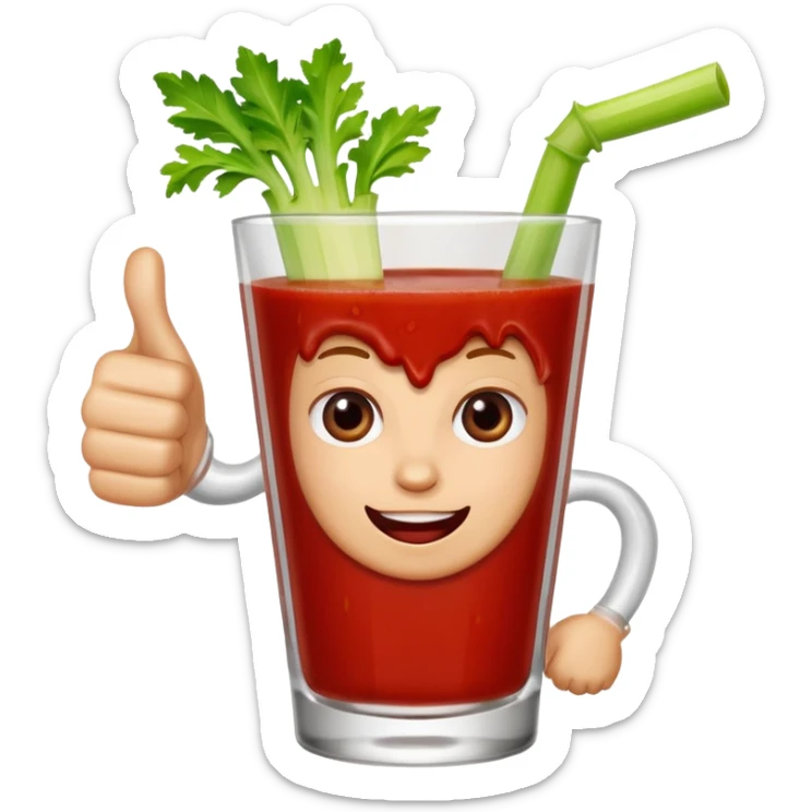 A glass of Bloody Mary with a cartoon hand giving a thumbs up sticker