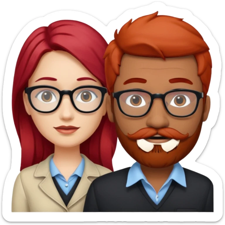 White red hair girl without glasses and brown indian guy with moustache and beard with glasses black hair  sticker