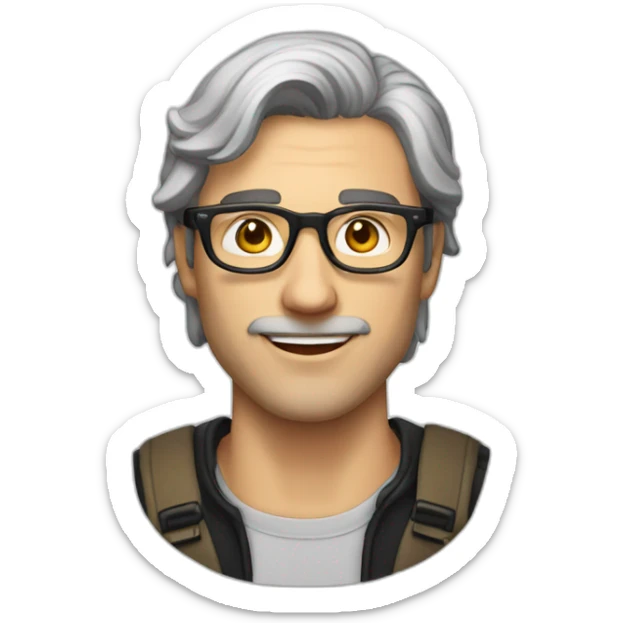 a white man with a light stubble and long black silverish hair and golden rimmed round glasses sticker