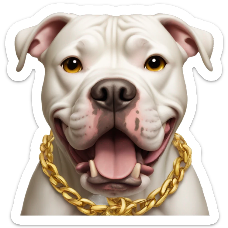 A dog pitbull with a aggressive face and wearing big gold chain on that says G sticker