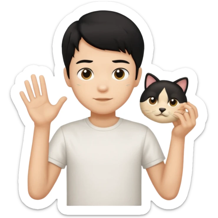 generate a pretty bratz emoji of a boy with black hair wearing a white tshirt and holding a cTCAT sticker