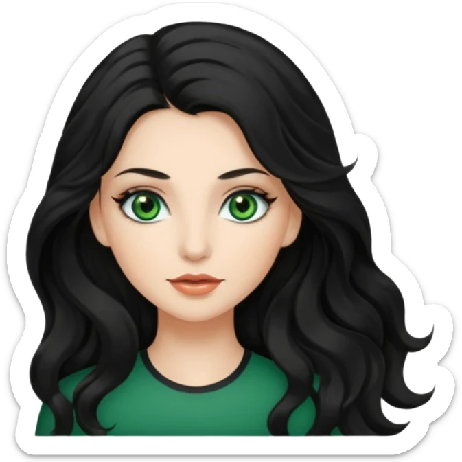 Caucasian girl with long, wavy black hair, green eyes, and pretty makeup. sticker