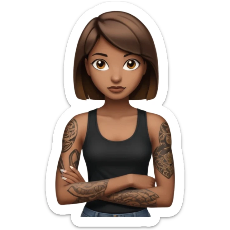 Femme brune yeux marron avec une coupe carré noir qui descend sur l'épaule , femme couleur de peau typé, avec un cobra a côté , débardeur noir , avec un tatouage sur le bras droit sticker