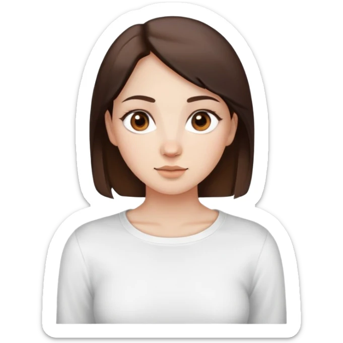 A woman with a round face, pale, light skin, big round nose, cute doe eyes, a white long sleeve shirt with a square shape cut in the t shirt near the neck area, and dark brown hair and brown eyes sticker