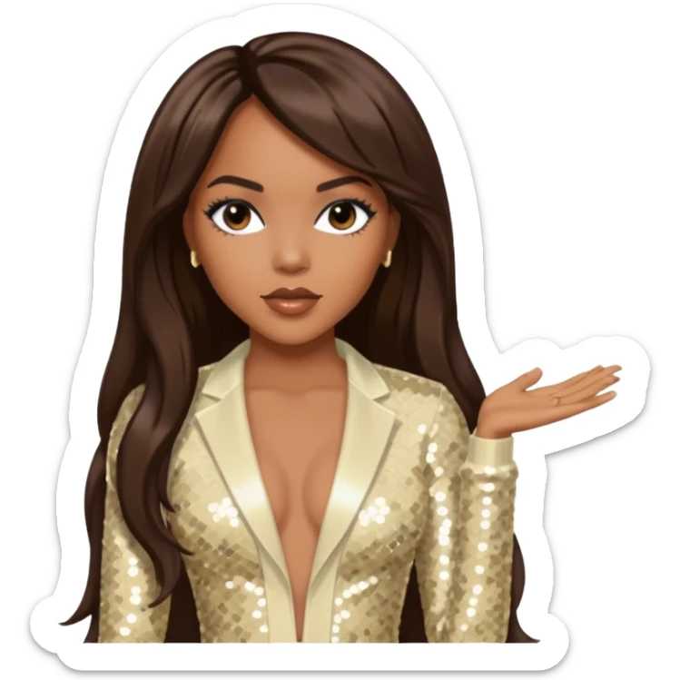 LeToya Luckett from Destiny's Child with long dark brown hair, cream sequin outfit sticker