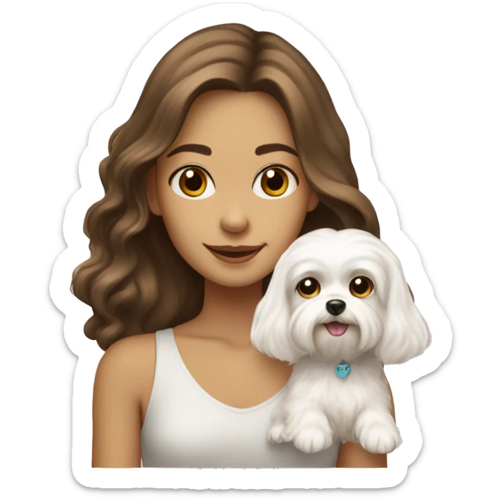 A girl with long wavy brown hair and brown eyes holds a small maltese white dog. sticker