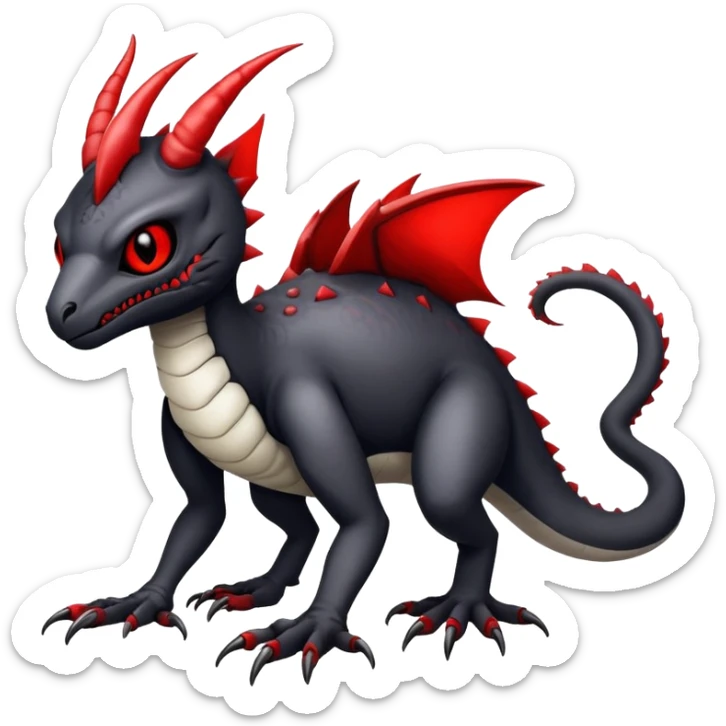 a white exotic edgy vernid-fionbr-Fakémon-creature, with black belly and red eyes, full body sticker