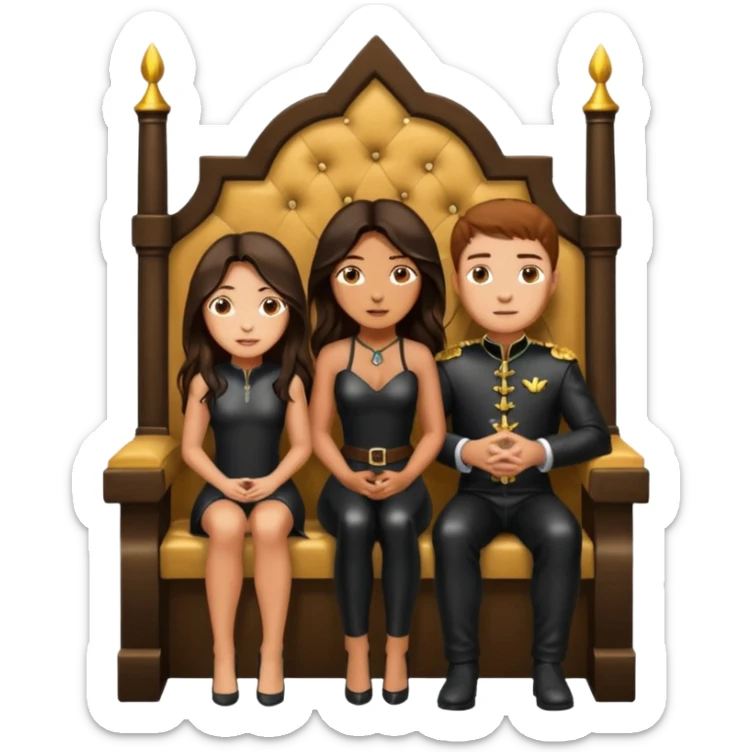 Tan skin with freckles, long dark hair, hazel eyes Dominatrix sitting on a throne. Man kneeling and worshipping at her feet.  sticker