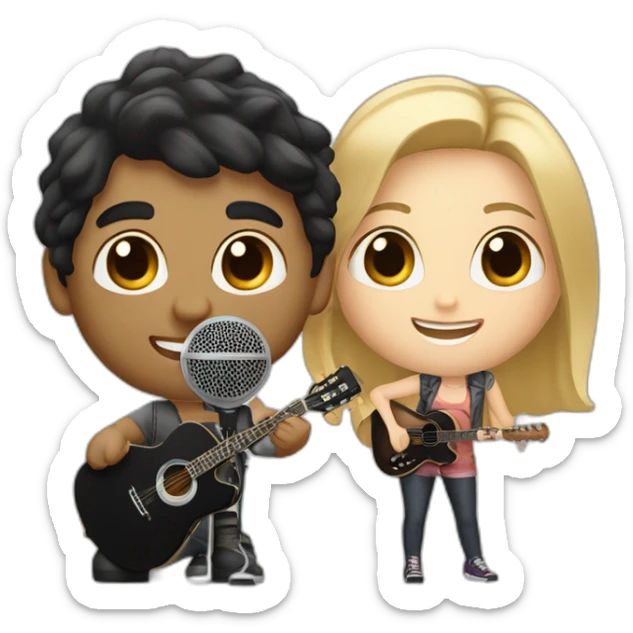 Blonde Caucasian boy with black guitar and a Caucasian girl with dark hair with a microphone sticker