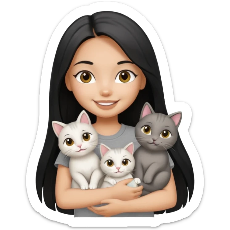 a pretty tan bratz girl with black long straight hair, wearing a grey tshirt smiling and holding 3 white cat\ sticker
