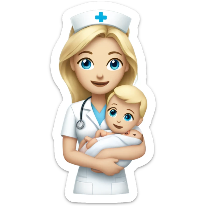 Nurse with straight blonde hair and blue eyes holding newborn baby sticker