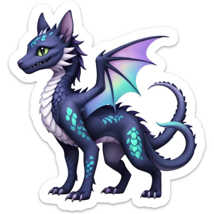 Kawaii black pastel iridescent beautiful pretty elegant divine edgy fantasy feline-vernid-sergal-Haku-dragon-fursona animal creature, full body with intricate markings  sticker