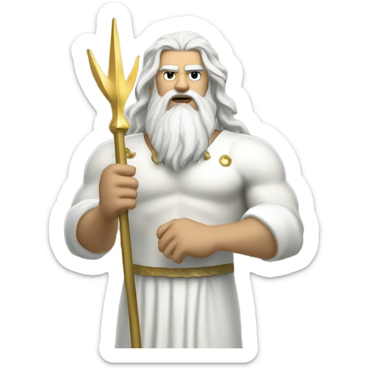 white man Poseidon with gold trident. long white hair white dress. wrench in hand sticker
