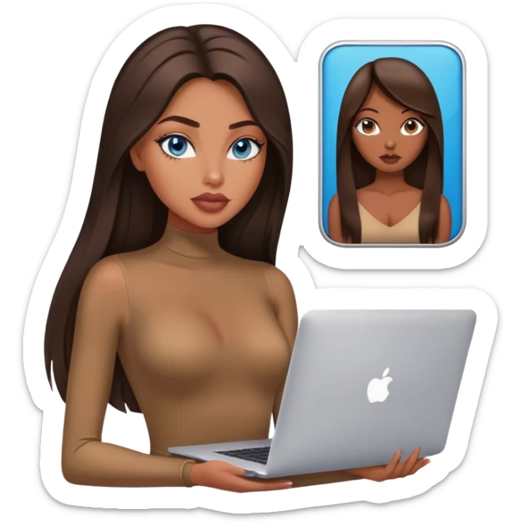 Glamours tanned very beautiful girl with big pump peach lips and dark chocolate straight smooth long hair, blue eyes in brown/beige bodysuit with MacBook sticker