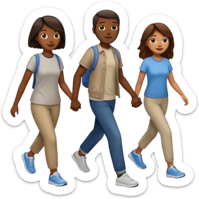 iOS emoji style - a dark men and 2 brown women in casual clothes and wearing trainers. Walking in the same direction quickly together. 
Not holding hands. No backpacks. 
 sticker