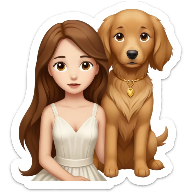 A beautiful girl with big eyes, fair skin, long brown hair with white dress and a Golden Retriever dog sticker