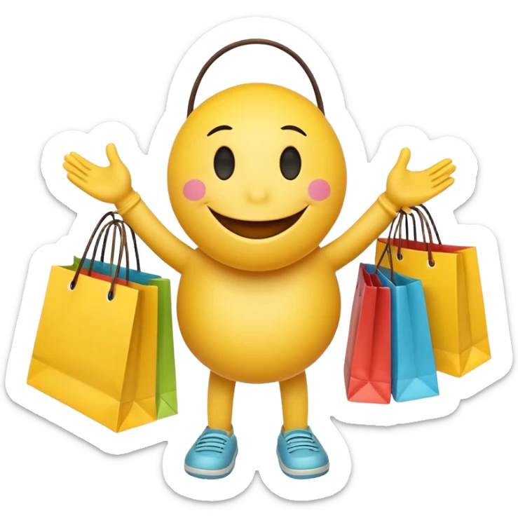 HAPPY SMILEY FACE WITH HANDS AND FEET EMOJI WITH SHOPPING BAGS IN EACH HAND sticker