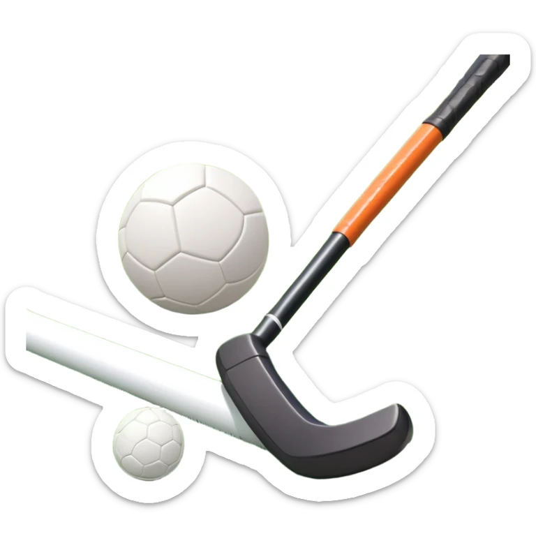Hockey on grass. A field hockey stick and ball resting on a well-maintained grass field, with the goalposts and markings visible in the background. The scene highlights the precision and focus of the sport, with the vibrant green pitch creating a dynamic atmosphere. sticker