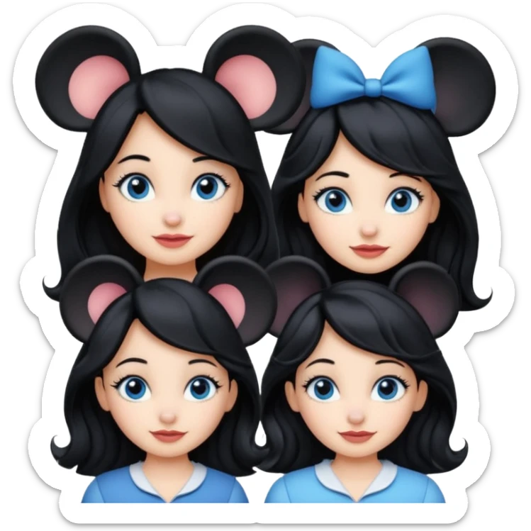 escribe el nombre Disneyland Paris y para titulo, pon a quatro chicas: una pelo corto negro, una pelo rizado largo, una pelo largo liso y la otra pelo ondulado mediano, esta con el ojos azules. Todas tienen piel carne sticker