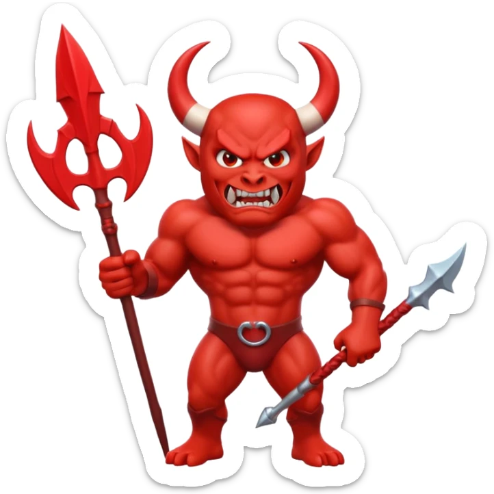 Red devil emoji, 3D cartoon style, muscular body, bright red skin, big curved white horns, angry face, sharp teeth smile, holding red trident, glossy emoji texture, centered character, GREEN SCREEN BACKGROUND, solid green color sticker