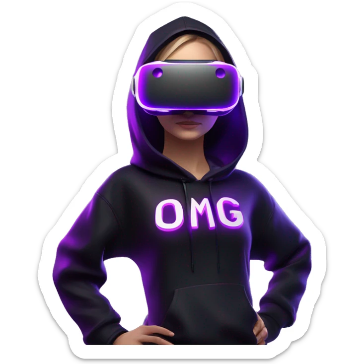 Russian girl wearing black hoody with violet letters "OMG", in vr headset oculus quest2. Dancing. Cyberpunk style. Violet neon. sticker