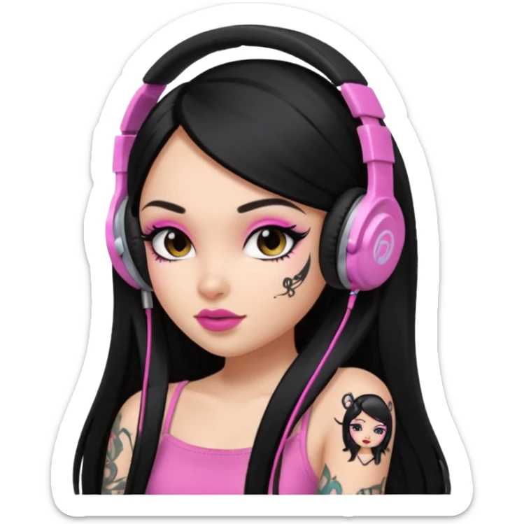 generate a pretty bratz girl with black long straight hair and headphones on, tattoo on shoulder, eyeliner on sticker
