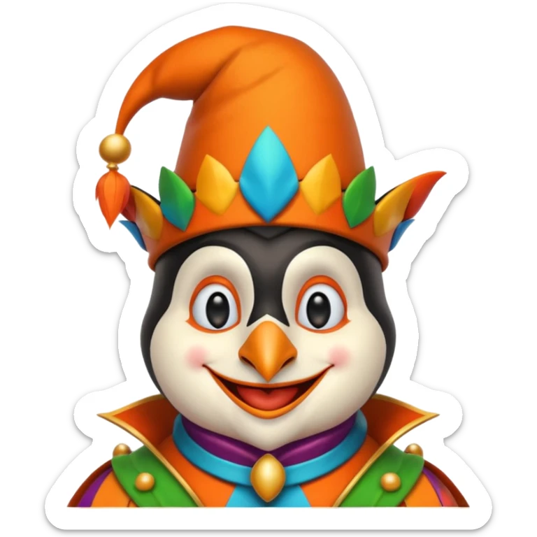 crazy funny colorful penguin jolly joker, medieval, vintage, court jester, mac os icon, orange color sticker