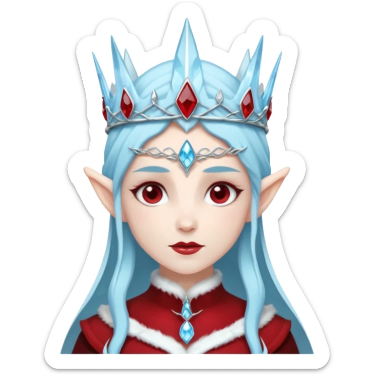 Fantasy elf portrait emoji, icy blue crystal crown with deep red accents, elegant elven features, cold noble winter expression, ice and crimson color palette, minimal clean design, flat readable emoji style, male/female variant sticker