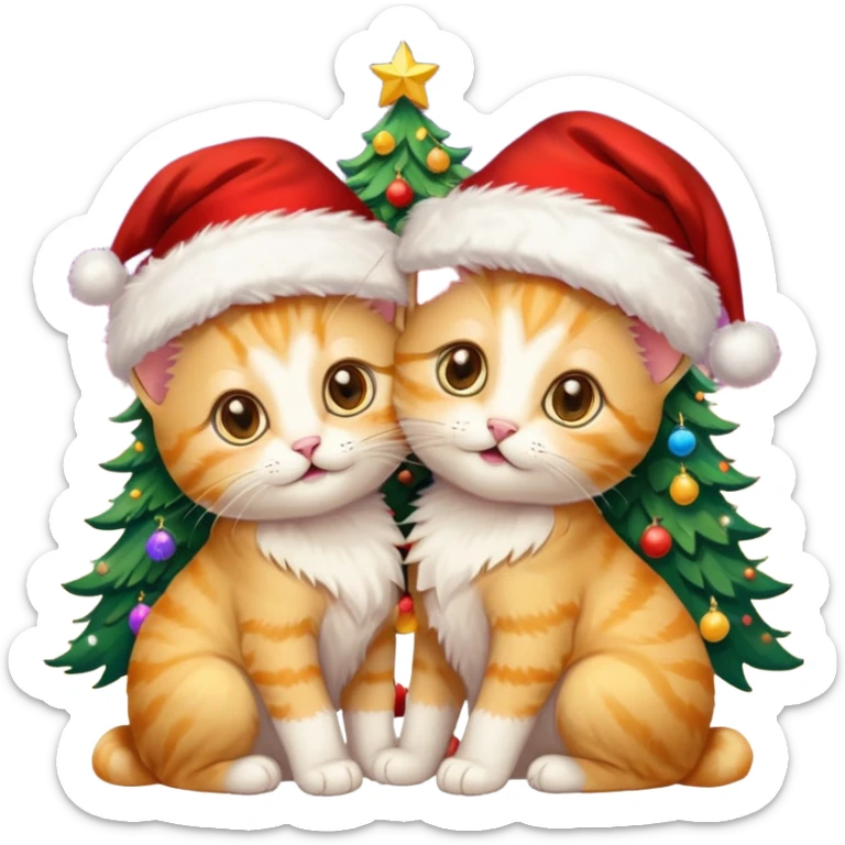 2 hazel eyed cute hugging happy fluffy gold twin kittens with Santa hats by a colorful multicolored brightly lit up Christmas trees sticker