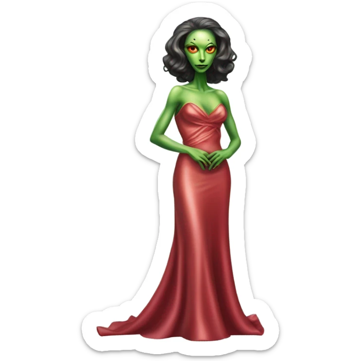 reptilian green alien woman, in long slim pastel red formal party satin dress with gradient shiny sparkling dark red, full figure, full body sticker