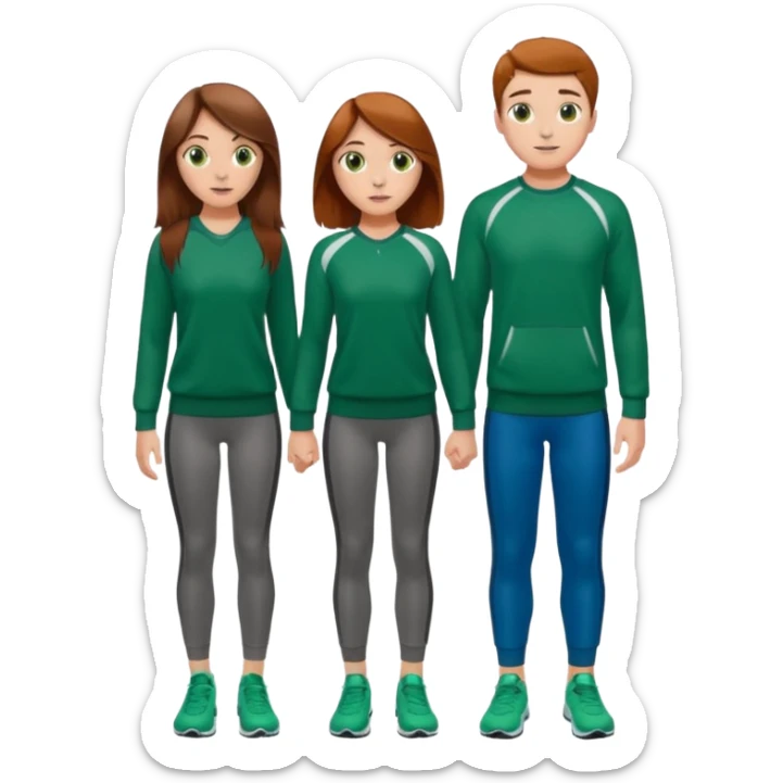 full-length couple, girl with long brown hair and hazel eyes in green sweater, boy with auburn hair in sportswear sticker