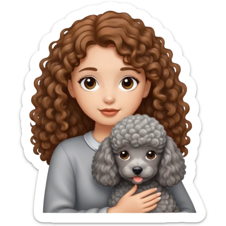 A girl with caramel brown hair holding a grey poodle sticker